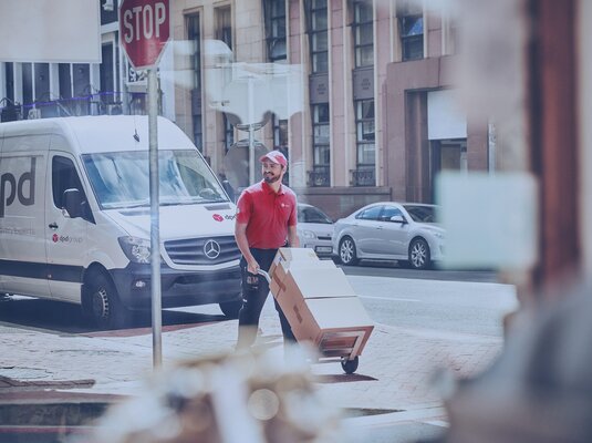 Mann mit Paketen vor einem dpd Lieferfahrzeug